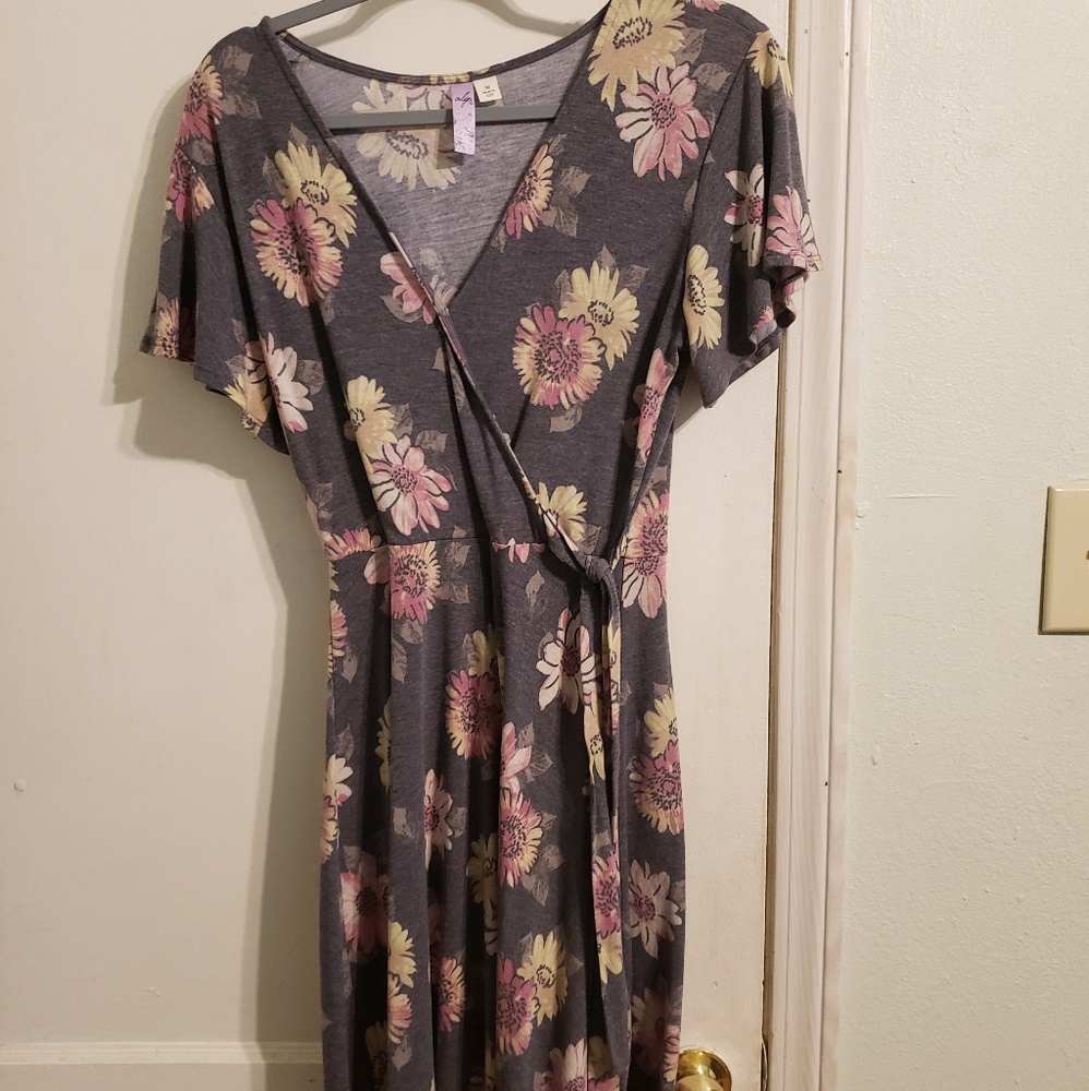 Gray, floral wrap dress